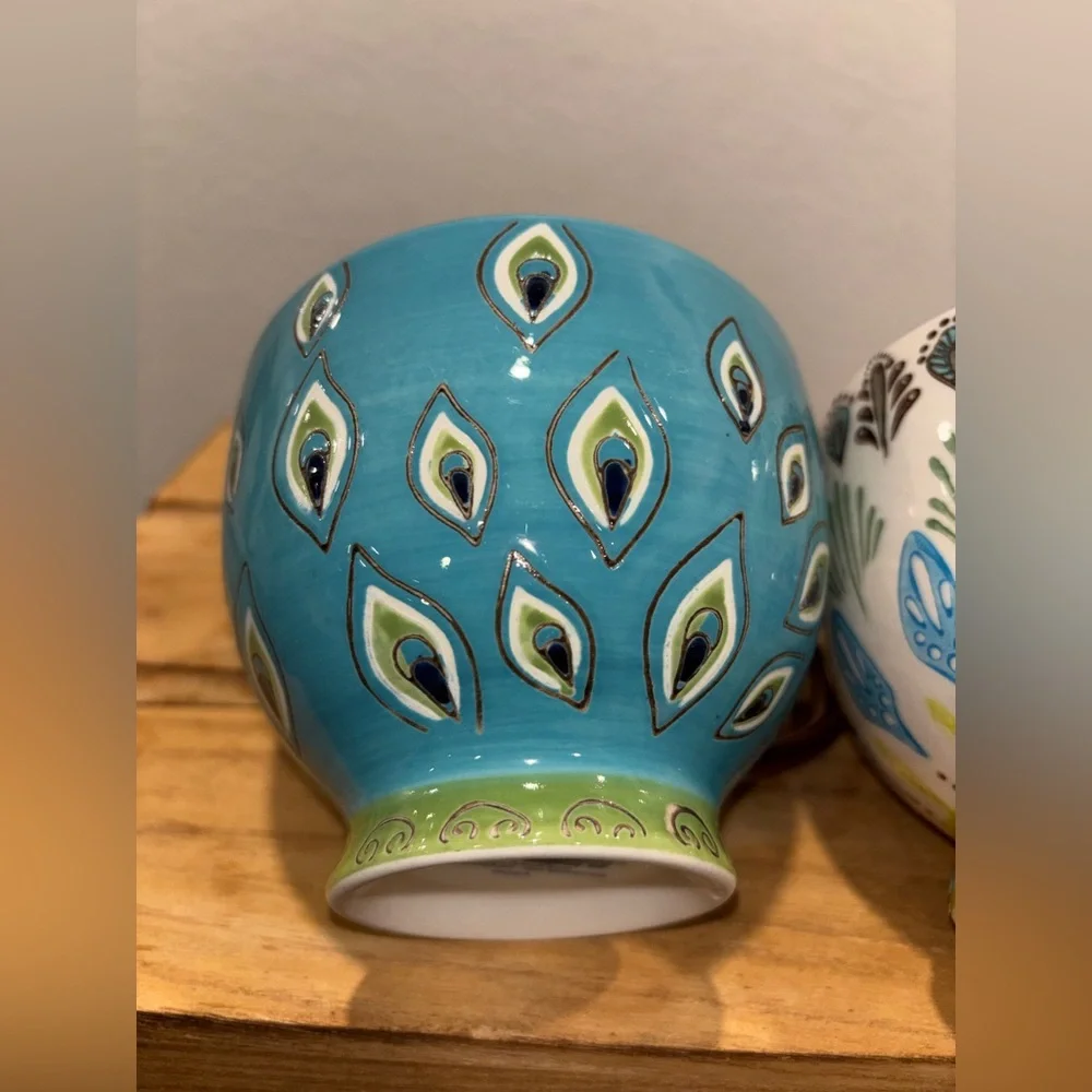 Set of 2 Pier 1 Imports Dolomite Ellie Peacock Hand Painted Footed Mugs 16oz